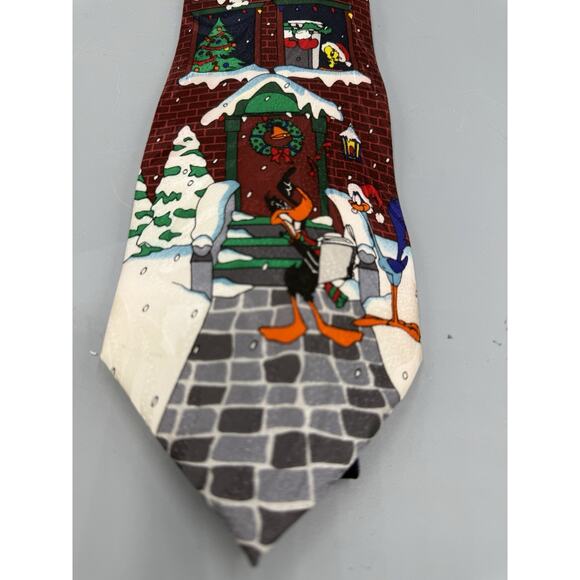 Looney Tunes Christmas Tie 1997 Warner Bros 100% Silk Bugs Bunny Daffy Duck - Picture 2 of 5